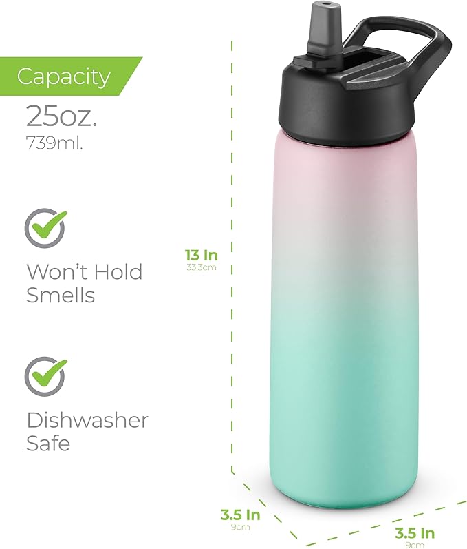 SipX™ Triple-Insulated Stainless Steel Water Bottle 25oz. With 3 Lids, BPA-Free Reusable Insulated Water Bottle Keeps Cold 24 Hours, (Gradiant Mint Pink)