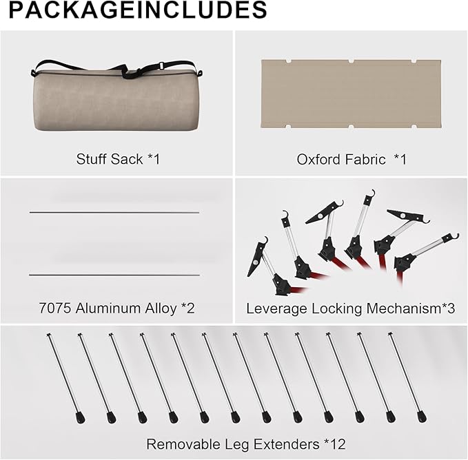 Camping Cot with Leg Extenders,Lightweight Portable Bed for Camping, Hiking, Travel, Beach, Home, Office Nap, Supports 330lbs, Easy Storage, Durable Design, Khaki