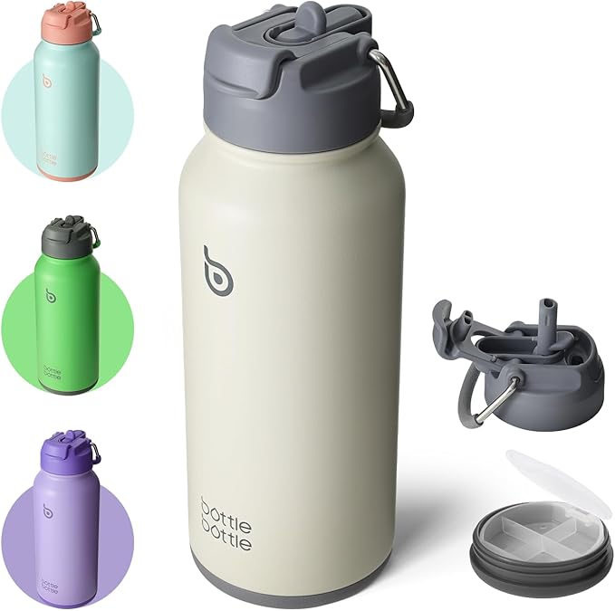 BOTTLE BOTTLE 32oz Insulated Water Bottle Stainless Steel Sport Water Bottle with Straw Dual-use Lid Design for Gym with Pill Box