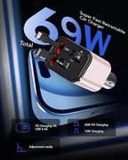 69W Fast Charging USB C Car Charger, 4-in-1 Retractable Phone Charger for iPhone 17, Travel Essentials, Gifts for Women Men, Car Accessories for Women Men, for iPhone 17 16 15 14 13, Galaxy, Pixel