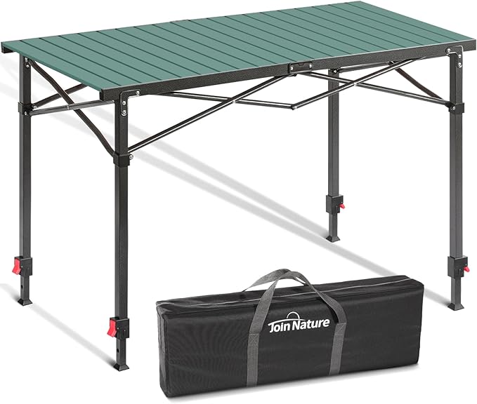 Portable Outdoor Adjustable Height Camping Table, Large for 2-6 Person, Foldable Roll-up Aluminum Camp Table with Carry Bag for Picnic, Camp, Sturdy, Stable, Loads 220 Lbs (Green)