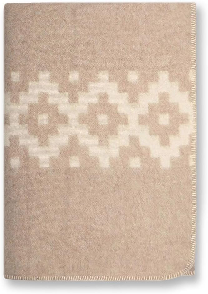 Thick Alpaca Wool Blanket Heavyweight Camping Outdoors Indoors Soft Peruvian Blankets Queen Size Ethnic Design (Beige - Ivory, Queen)