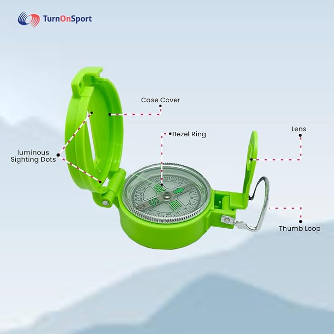 TurnOnSport Lensatic Compass - Hiking & Camping Navigation - Orienteering & Map Reading - Boy Scout & Professional Field Compass