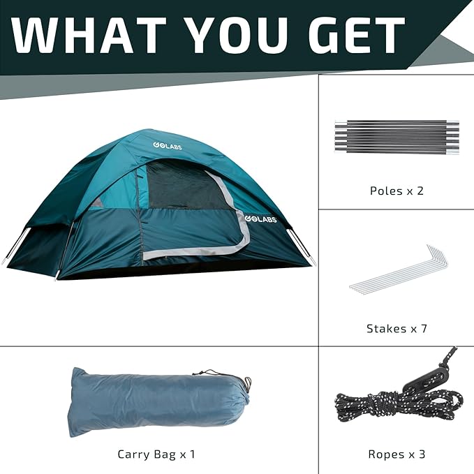 Golabs CT1 2 Person Camping Tent, Easy Set Up in 3 Mins, PU1500mm Waterproof w/Mesh Top & Door with Ventilation, Lightweight 4.4lbs Portable Family Tent with Carry Bag &Interior Storage Pockets &Hook