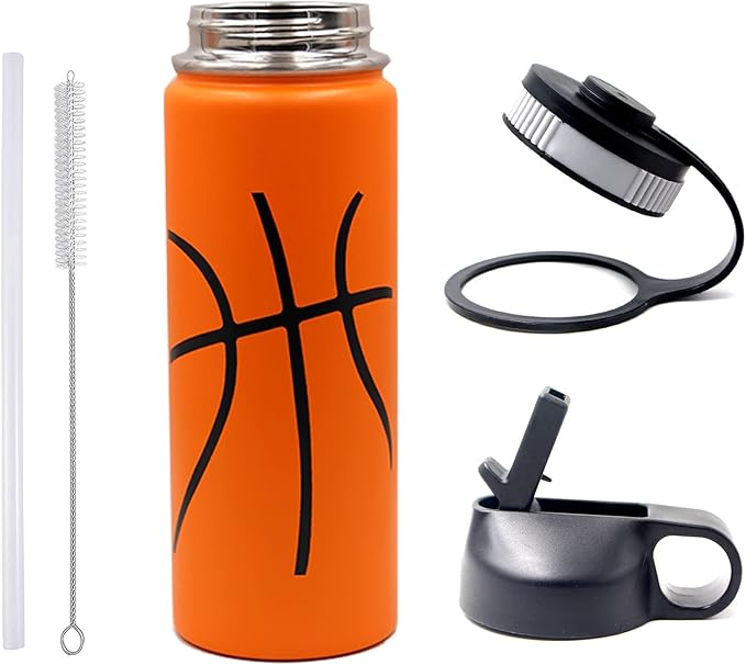 18 oz Basketball Water Bottle, Sports Cup Flask Metal Travel Mug with 2 Lids, Stainless Steel Double Wall Vacuum Leak Proof Insulated Water Bottles, Basketball Accessories Stuff Gifts for Boys Girls