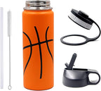18 oz Basketball Water Bottle, Sports Cup Flask Metal Travel Mug with 2 Lids, Stainless Steel Double Wall Vacuum Leak Proof Insulated Water Bottles, Basketball Accessories Stuff Gifts for Boys Girls