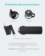 BUZIO Insulated Water Bottle with Straw Lid and Flex Cap, 22oz Modern Double Vacuum Stainless Steel Water Flask, Cold for 48 Hrs Hot for 24 Hrs Simple Thermo Canteen Mug, Indigo Black