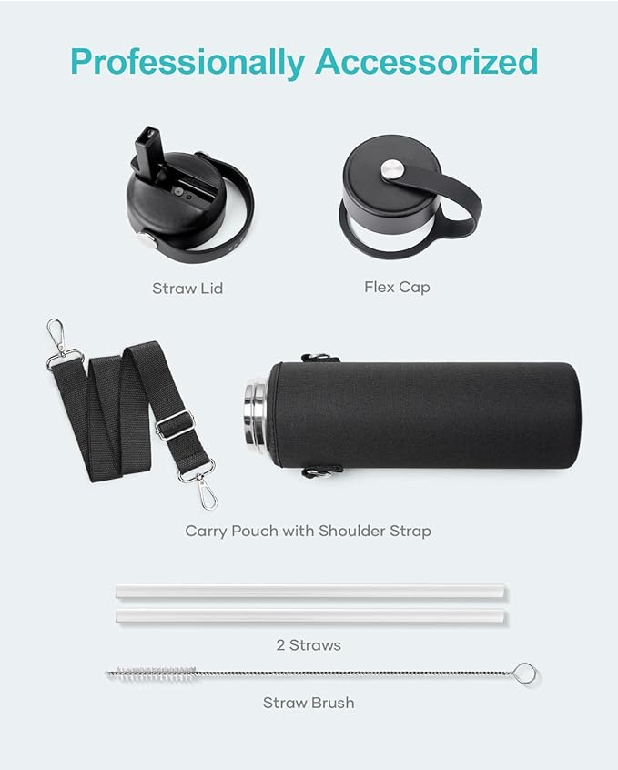 BUZIO Insulated Water Bottle with Straw Lid and Flex Cap, 22oz Modern Double Vacuum Stainless Steel Water Flask, Cold for 48 Hrs Hot for 24 Hrs Simple Thermo Canteen Mug, Indigo Black