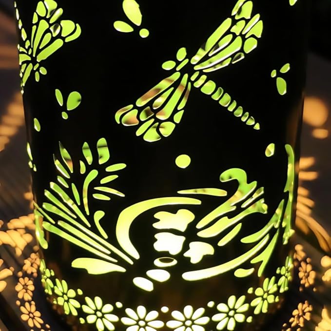 2 Pack Dragonfly Hanging Solar Lanterns Outdoor Waterproof,Black Metal Hollowed-Out Decorative Lanterns Solar Lights for Outside Yard Porch Tabletop Stairs Garden Decor