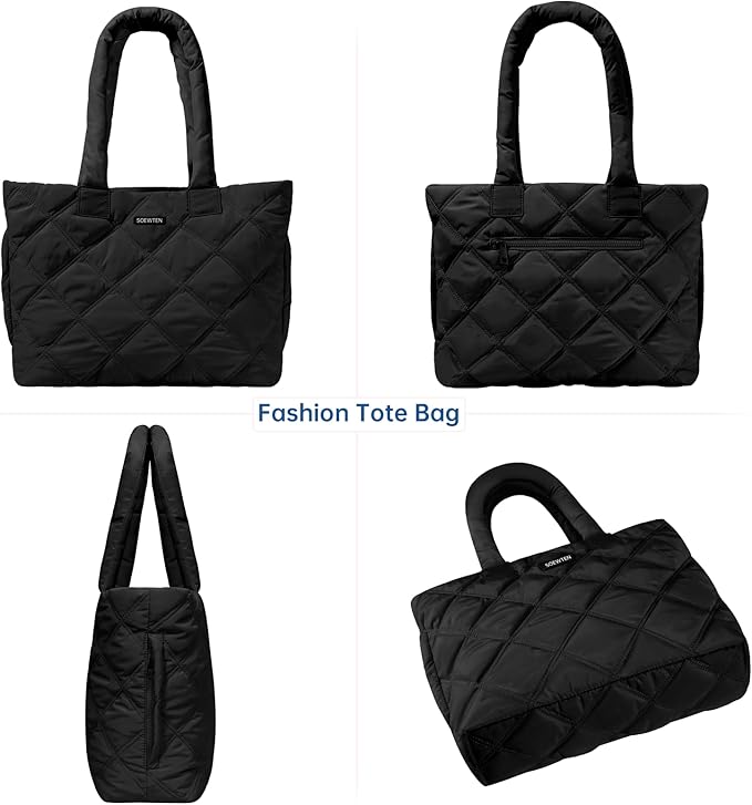Puffer Tote Bag for Women, Quilted Bag with Zipper, Small Tote HandBags for Work, Travel