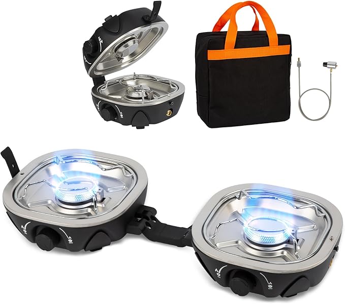 Propane Camping Stove 20,000 BTU - Portable 2 Burner Gas Stove with Adjustable Flame Control, Piezo Ignition, Carry Bag & Propane Adapter Hose, Folding Design for Camp, BBQ, Tailgating, Black