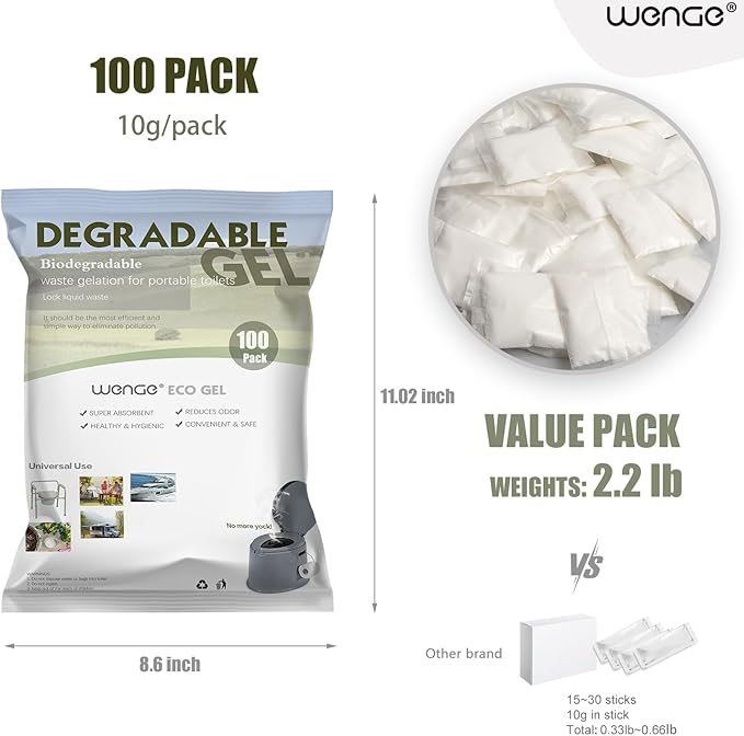 Wenge Poo Gel for Portable Toilet for Camping - 100 Pack Urine Super Absorbent, Solidifier, Liquid Waste Gelling and Deodorizing Powder, Eco Gel for Portable Toilet for Emergency Toilet Essentials