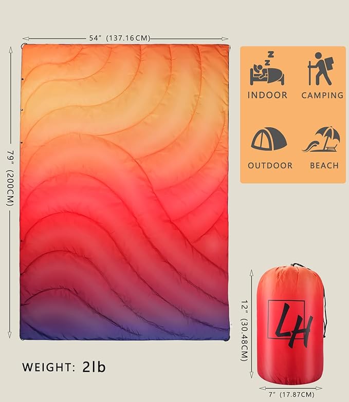 Outdoor Puffy Camping Blanket, Lightweight Down Alternative Puffy Waterproof Stadium Blanket with Portable Bag, Lightweight Camping Blanket for 2 People, Cold Weather, Sports, Travel, Car, 79*54 inch