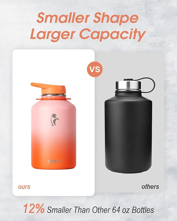 Coolflask 64 oz Water Bottle with Straw, Half Gallon Insulated Large Water Jug with Straw & Spout Lids, Double Wall Stainless Steel Metal Flask, Keep Cold 48h Hot 24h, Sunny Orange