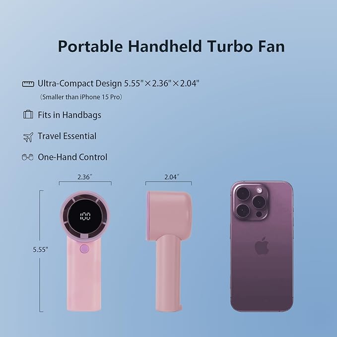 2025 Upgraded Portable Handheld Turbo Fan with 20-Hour Battery - Rechargeable Mini Fan with Digital Display, Anti-Slip Base, 5000mAh Capacity - Personal Fans for Travel, Vacation, Beach(Pink)