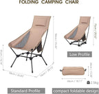 Folding High Back Camping Chair, Portable Lightweight Beach Chair with Headrest, Adjustable Height Backpacking Portable Compact Picnic Chair for Camp Hiking, Khaki