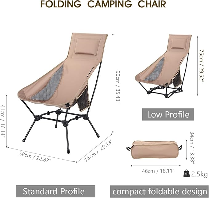 Folding High Back Camping Chair, Portable Lightweight Beach Chair with Headrest, Adjustable Height Backpacking Portable Compact Picnic Chair for Camp Hiking, Khaki