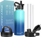 Water Bottle Insulated 32oz 40oz 64oz 128oz Straw Lid Spout Lid & 3 Lids, Leak Proof, Vacuum Insulated,Stainless Steel Water Bottle Wide Mouth for Sports, Gym or Office