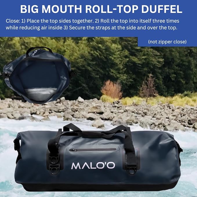 Malo’o Waterproof Dry Duffel, Heavy-Duty Roll Top Waterproof Gear Bag with Shoulder Strap & Molle Loops, Marine Duffel for Kayaking, Boating, Camping, Beach & Travel, Black, 40L