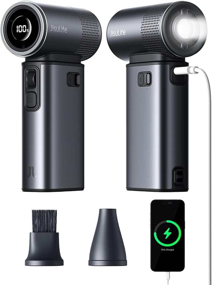 JISULIFE Portable Handheld Fan Ultra2, 9000mAh Max 25 Hrs, 5 IN 1, 100 Speed Turbo Fan Rechargeable 18W Power Bank with Flashlight, Metal Shell Multi-Function Travel Essentials Gifts for Men-Grey