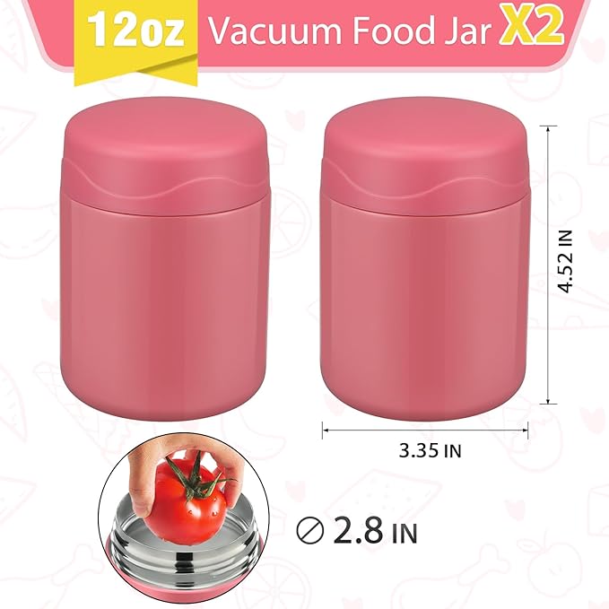 12oz 2 Pack Insulated Food Jar Set for Kids Soup Thermo Hot Food Lunch Container Wide Mouth Leak Proof Stainless Steel Vacuum Bento Box for School Office Travel Outdoors