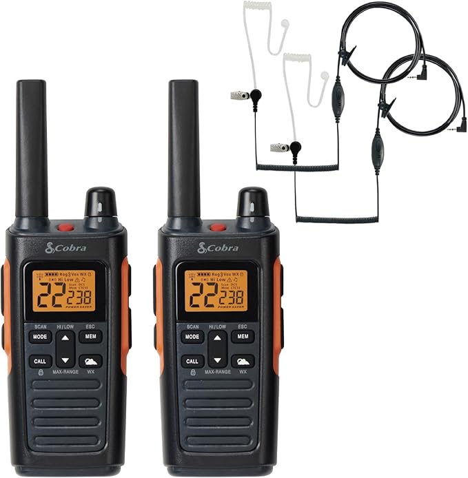 Cobra RX680 2-Pack Walkie Talkies & Compatible Cobra GA-SV01 2P Surveillance Headset Microphones: Rugged & Splashproof Two-Way Radios, Rechargeable, 60 Preset Channels, 38-Mile Range, Black/Orange