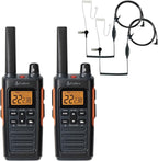 Cobra RX680 2-Pack Walkie Talkies & Compatible Cobra GA-SV01 2P Surveillance Headset Microphones: Rugged & Splashproof Two-Way Radios, Rechargeable, 60 Preset Channels, 38-Mile Range, Black/Orange