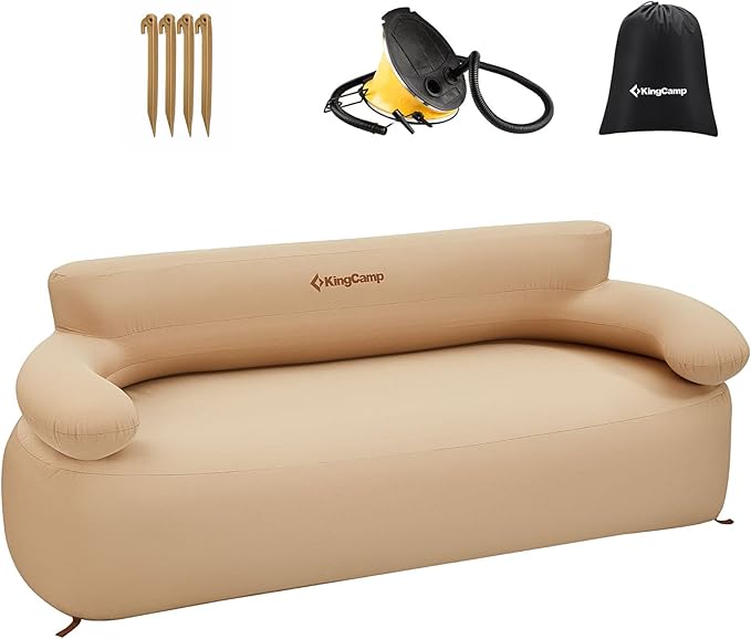 KingCamp Double Inflatable Couch for Camping, Portable Foldable Eco-Friendly Reach-Certified PVC Liner Air Lounger 2-Person Blow Up Sofa with Foot Pump, Pegs, Repair Kit & Removable Cover