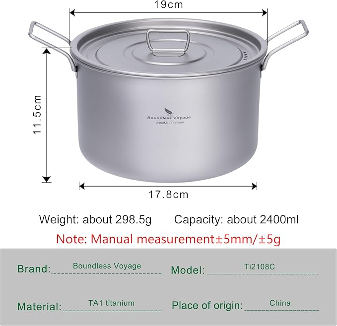 iBasingo 2.4L Titanium Soup Pot with Lid Camping Cookware with Foldable Handle Portable Lightweight Outdoor Kitchen Cooking Kit for Backpacking Hiking Picnic Fishing Mountaineering Ti2108C