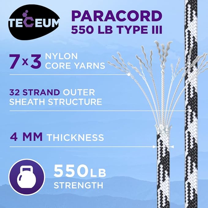 TECEUM 5/32" Paracord Rope 1000 – 1000ft / 200ft / 100ft / 50ft – Tactical Parachute Cord 4mm – 45+ Colors – Nylon String for Survival & Camping Gear – Stripe Cord for Survival – Utility Rope