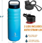 Modern Water Bottle with Straw Lid Dustproof, 3 Lids Vacuum Insulated Stainless Steel Metal Thermos, Reusable Leak Proof BPA-Free Flask for Gym, Travel, Sports-24 Oz Gradient Blue