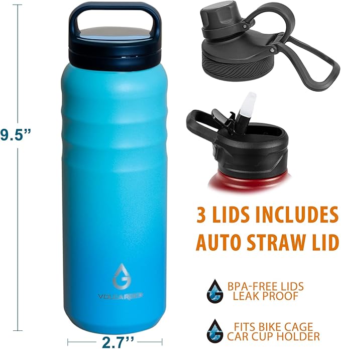 Modern Water Bottle with Straw Lid Dustproof, 3 Lids Vacuum Insulated Stainless Steel Metal Thermos, Reusable Leak Proof BPA-Free Flask for Gym, Travel, Sports-24 Oz Gradient Blue