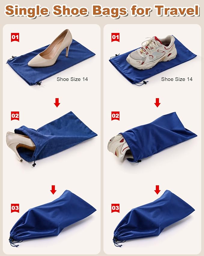 2 Pcs Single Shoe Bags for Travel, 17.3"x8.6" Washable Travel Shoe Bags for Packing in Suitcase, Velvet Dust Bag with Drawstring, Shoe Pouch for Women and Men, Travel and Home Storage(Palace Blue)