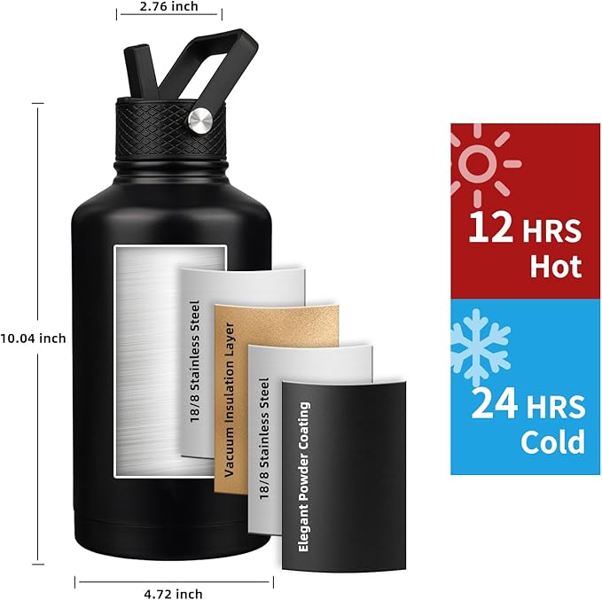 Insulated Water Bottle 64oz,Triple Wall Vacuum Stainless Steel(Dishwasher Safe),Leak Proof & Non-BPA,Flask Jug with Paracord Handle & Straw Spout Lids Sports Black