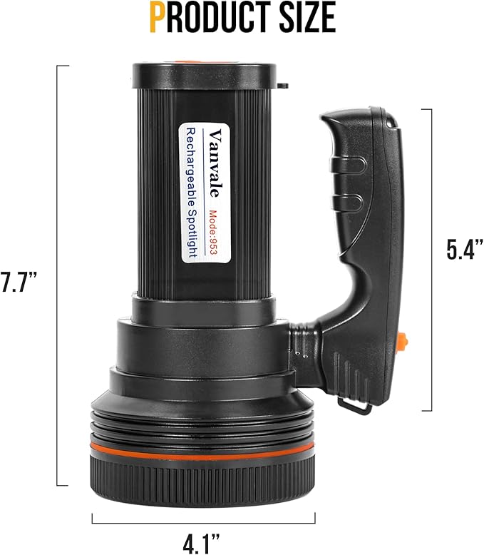 Rechargeable Searchlight Handheld LED Tactical Flashlight with Handle Spotlight High-Power Super Bright Torch with USB Output Torch (Black)