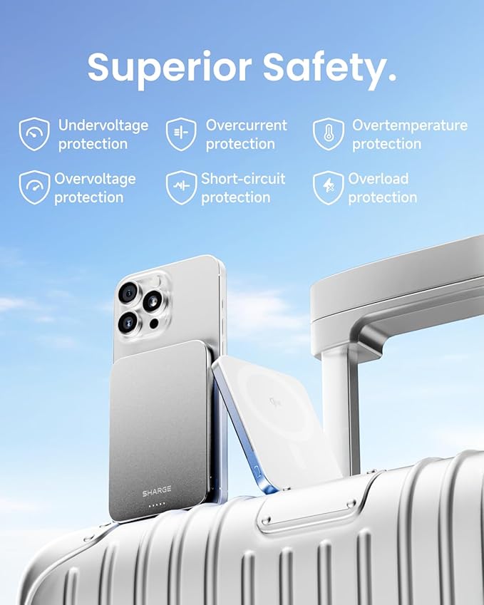 sharge AeroMag Magsafe Portable Charger, Slim Magnetic Power Bank 10,000mAh, Qi2 Fast Charging Battery Pack for iPhone 16 Pro/16/15/14 Blue