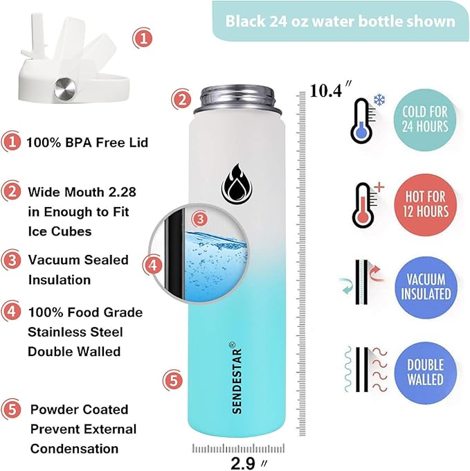 SENDESTAR Stainless Steel Wide Mouth Water Bottle 24oz Double Wall Vacuum Insulated Leak Proof Bottle with New Flex Straw Lid & Spout Lid