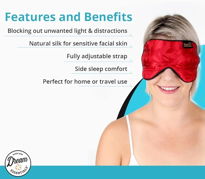 Dream Essentials Ultra Silk 360 Sleep Mask, Red Jacquard, All Natural Hypoallergenic Mulberry Silk, 2 Fully Adjustable Straps, Thin Profile mask Great for Side, Stomach or Back Sleepers