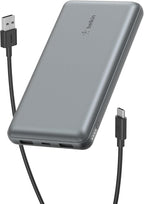 Belkin Portable Charger, USB C Power Bank 20000 mAh w/ 2 USB-A Ports, 15W w/A to C Cable - iPhone 17, Air, Pro, Pro Max, AirPods, Samsung Galaxy S25, iPad, Nintendo Switch 2, Google Pixel 10 - Gray