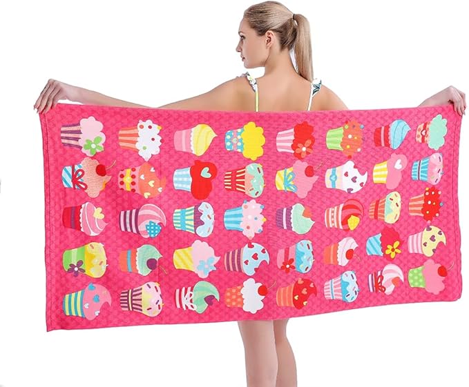 Microfiber Beach Towel Set Oversized Large Quick Dry Soft Thin Sand Free Cute Ice Cream Design 30×60 inch Beach Towels for Kids Women Men Pool Swim Beach Essentials Accessories - Pink