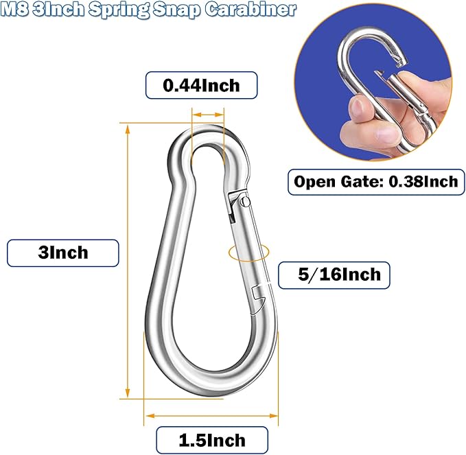 50PCS M8x5/16 Gavanized Steel Carabiner Clips, 3" Heavy Duty Spring Snap Hooks Carabiner, 470LBS Capacity Spring Quick Links Clips for Camping Hiking Hammock Swing and Outdoor Activities