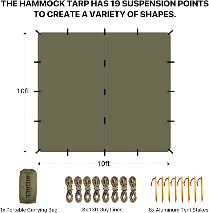 Waterproof Camping Tarp 10 x 10ft Survival Tent Backpacking Portable Tarp Multifunctional Anti-UV Shelter for Outdoor (Olive Green)