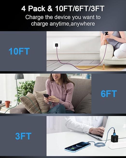USB A to Lightning Cord, 4Pack/10Ft Nylon Braided iPhone Charger Cable, Apple Approved Fast Charging Power Wire for iPhone 14, 14 Pro Max, 13 Pro Max, 13Pro, 13, 13 Mini, 12 11 10 XR XS X 8 Plus 7 6