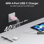 USB C Charger Block, 3-Pack 40W Wall Plug Fast Charging Block, Type C Charging Blocks Cube 4-Port PD + QC Power Adapter, Compatible with iPhone 17/16/15/14/13/12/11/Pro Max, Tablets（Pink）