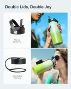 BUZIO 32oz Insulated Water Bottle, Triple Wall Vacuum Stainless Steel Water Flask with Straw Lid, BPA-Free Leakproof Sports Canteen for Sports Hiking, Cold 48H & Hot 24H- Gradient Green