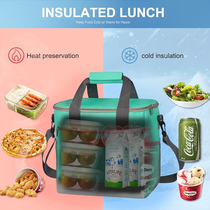 Iknoe Large Cooler Bag Collapsible 24 Can, Insulated Bags Leakproof Lunch Cooler Tote with Multi-Pockets for Adult, Insulated Lunch Box for Beach, Picnic,Work(Mint Green)
