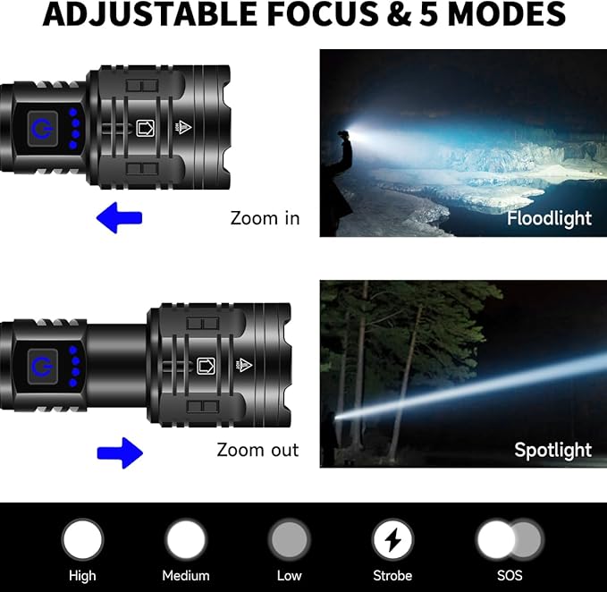 IkeeRuic 2Pack Rechargeable Flashlights High Lumens, Powerful Tactical Flashlights, 5 Modes LED Flashlight Adjustable, Brightest Flashlight Waterproof, Handheld Flash Light for Home, Camping, Hiking