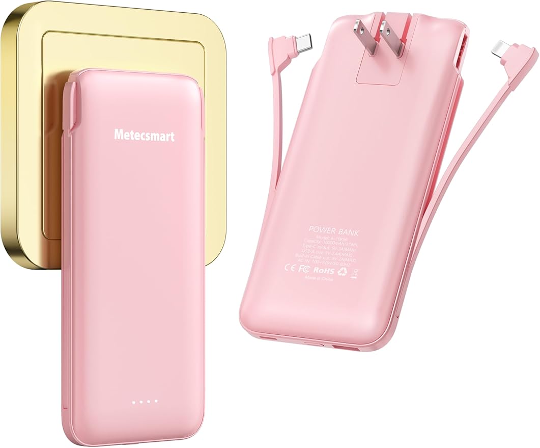 Portable Charger Power Bank with Built-in Cable & AC Plug, 10000mAh Fast USB-C Charger, Slim Mini Battery for iPhone 16/15/14/13/Pro/Max & All USB-C Devices