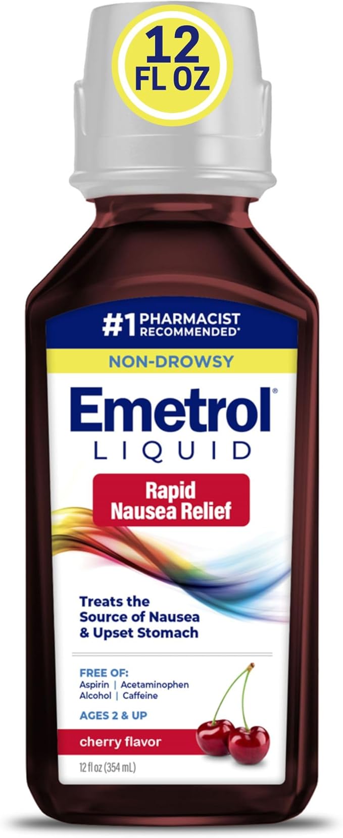 Emetrol Non-Drowsy Nausea Relief - Liquid Medicine for Upset Stomach Relief - Pharmacist Recommended Nausea Medicine - Cherry Flavor - 12 fl oz