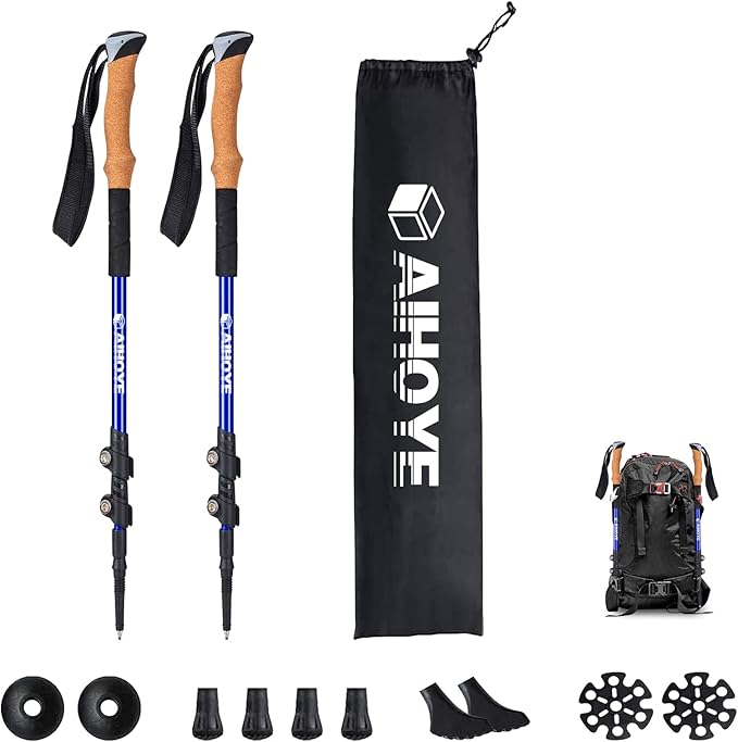 Aihoye Trekking Hiking Poles - 2 Pack Adjustable Walking Sticks, Collapsible Lightweight Aluminum 7075, Hiking Sticks with Quick Flip-Lock and Comfortable Cork Grips